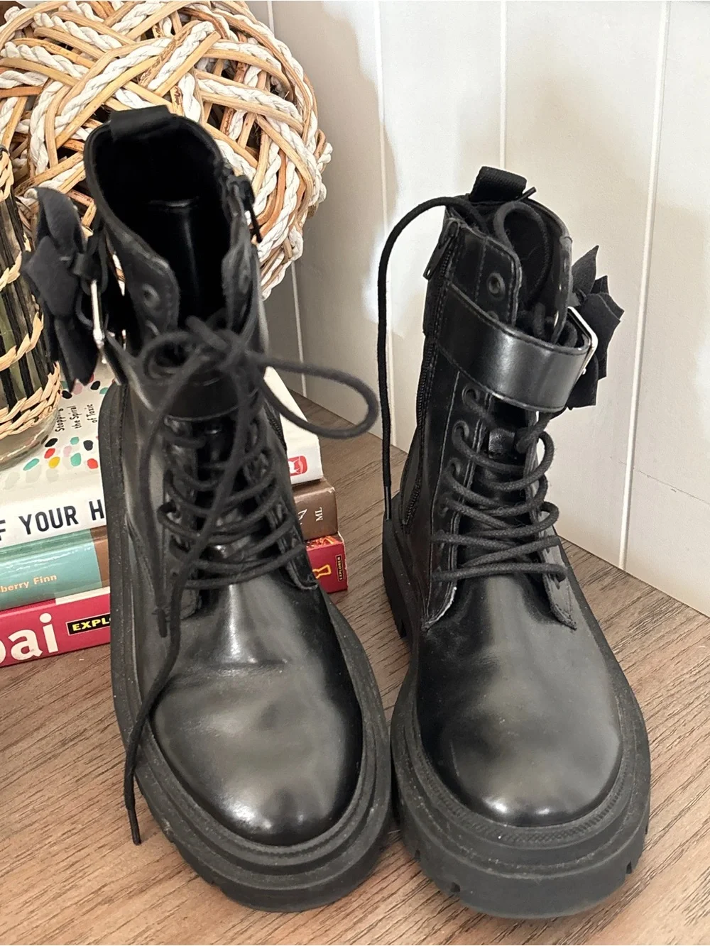 Zara Kids Black Floral Chunky Combat Boots Girl US Size 1 or EU 32